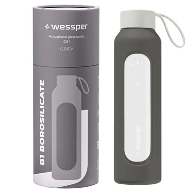 Produktbild von Wessper Trinkflasche aus Glas mit Silikonhülle – 0,5 L – mit Zeitmarkierungen – Grau