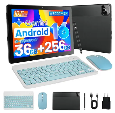 Obrázek produktu pro 10palcový tablet, Android 16, osmijádrový procesor, 36 (6+30) GB RAM, 256 GB ROM, rozlišení 1280×800, baterie 6000 mAh, fotoaparát 5 MP + 8 MP, Widevine L1, s klávesnicí/myší/stylusem