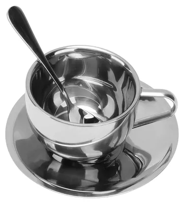 Image de Ensemble de 3 tasses à café isolées de 180 ml, en acier inoxydable 304, à double paroi, avec soucoupe et cuillère