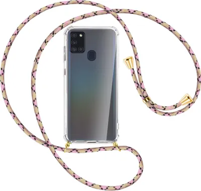 Produktbild von Handykette Backcover-Schutzhülle mit Band (Metall goldfarben) für Samsung Galaxy A21s - rosa Karo