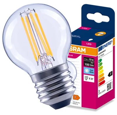 Immagine prodotto di Lampada LED E27 a forma di sfera (P45), 1,1W = 10W, 100 lumen, 4000K (luce neutra), 300°, tecnologia Filament, marca Osram, Immagine generata dall'IA