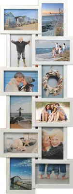 A collage of multiple framed photos, mostly featuring beach and family scenes.