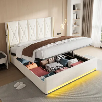 Produktbild von okwish Doppelbett 180×200 Polsterbett mit USB und LED Beleuchtung Jugendbett Bettgestell mit Seitentaschen und hydraulischem Stauraum Stauraumbett Beige (ohne Matratze)