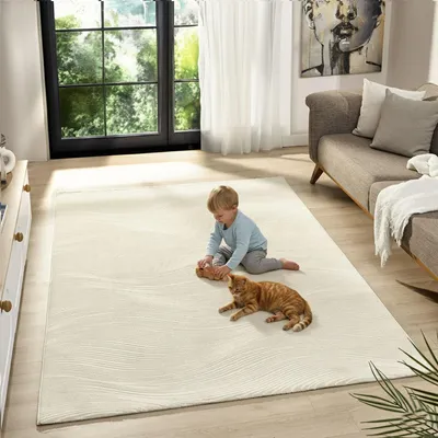 Produktbild von Teppich Wohnzimmer Schlafzimmer Geometrische Wellen Modern | Qualitativ Hochwertig | CREME 120x170