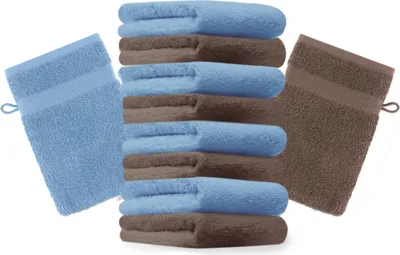 Produktbild von Betz 10 Stück Waschhandschuhe 16x21 cm PREMIUM 100% Baumwolle  Farbe: hellblau und nussbraun