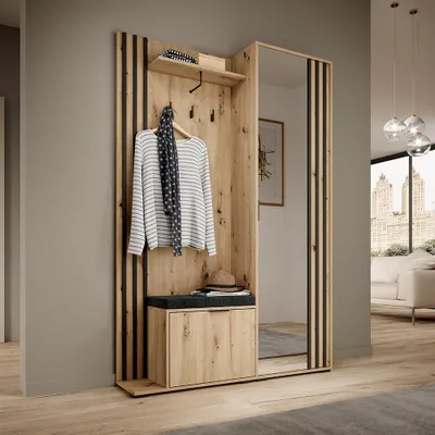 Produktbild von Flur Garderobenschrank mit 131 cm Breite in Eiche, mit Spiegeltür, Sitzpolster & Kleiderstange - NAMUR-160