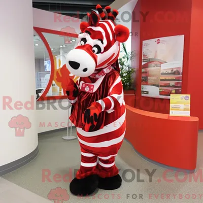 Produktbild von Rotes REDBROKOLY Zebra-Maskottchen-Kostüm bekleidet mit Kleid und Schalnadeln