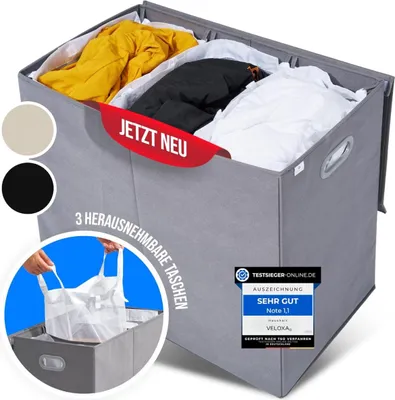 Produktbild von Wäschekorb mit 3 Fächern 156 L – Wäschesammler mit Deckel & Magnetverschluss Grau