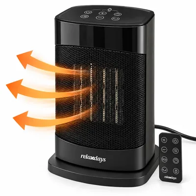 Produktbild von Relaxdays Heizlüfter, PTC Keramik, 2 Heizstufen, 900/1500 W, ECO-Taste, Oszillation, 24h Timer, Fernbedienung, schwarz, KI-generiertes Bild