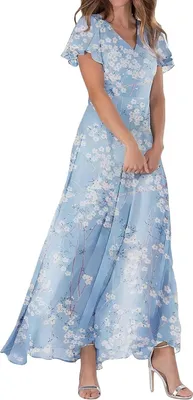 Produktbild von ASKSA Damen Sommerkleid Blumendruck Lang Ruesche Kurzarm V Ausschnitt Strandkleider Boho Beach Midikleid Freizeitkleid (Himmelblau,L)