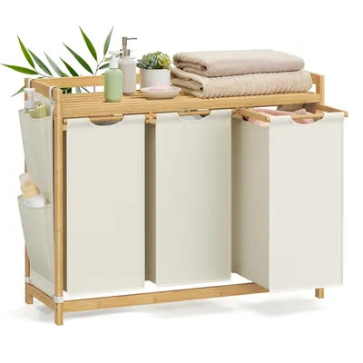 Produktbild von Wäschekorb 3 Fächer, Bambus, Wäschesammler 150 L, mit Ablage