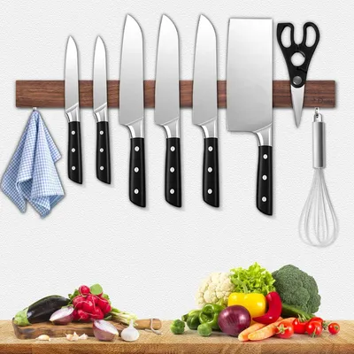 Productafbeelding van Magnetisch mesthouder van walnoothout, 50 cm, met 2 zelfklevende of schroefbare haken