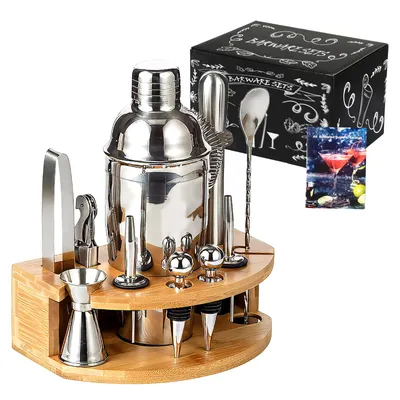 Produktbild von Edelstahl Cocktail Set 12tlg. – 750ml Cocktail Shaker mit Ständer & Bar Zubehör, Cocktailshaker Set, Barkeeper Set, Barset, Silber-Holzfarben