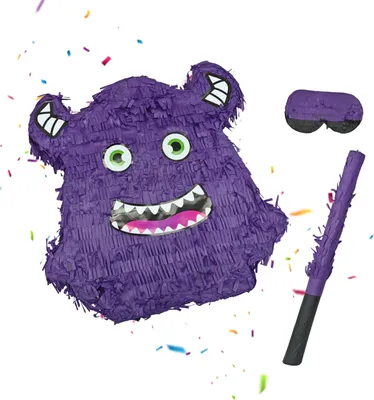 Image de Relaxdays Pinata Monster, avec bâton et masque, pinata pour enfants, anniversaire, à remplir, H x l x P : 40 x 35 x 9 cm, violet