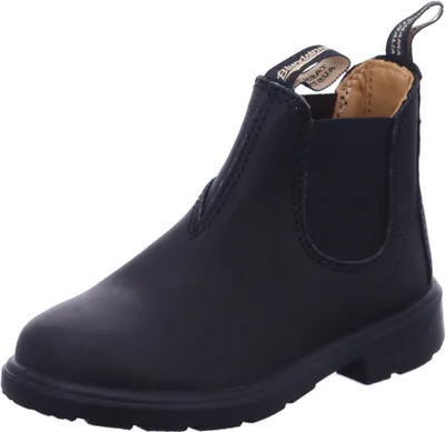 A black Blundstone boot for children is shown against a white background.