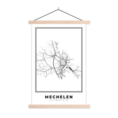 Produktbild von MuchoWow® Textilposter Belgien - Mechelen - Stadtplan - Karte - Schwarz und weiß - Karte 40x60 cm mit holzfarbenen Rahmen - Poster