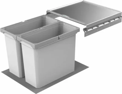 A pull-out waste bin system with two compartments and a metal lid, shown on a white background.