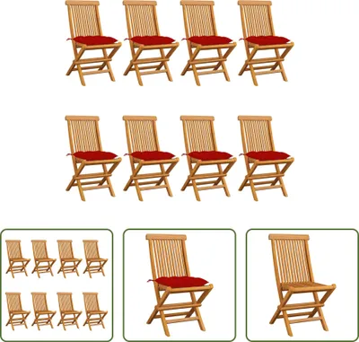 Produktbild von The Living Store Gartenstühle mit Roten Kissen 8 Stk. Massivholz Teak
