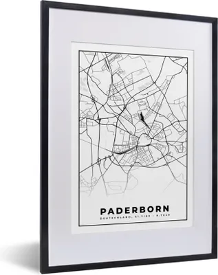 Produktbild von MuchoWow® Gerahmtes Poster Paderborn - Karte - Stadtplan 30x40 cm - Poster mit Schwarzem Bilderrahmen Wandposter Rahmen Foto Bilder - Wandposter Schlafzimmer