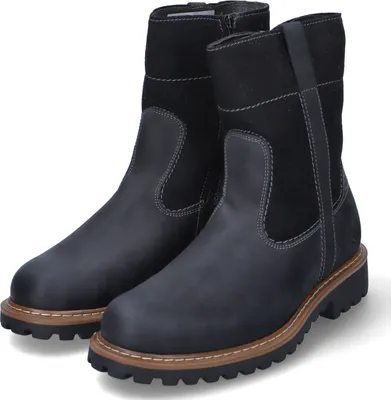 A pair of black leather and suede boots.