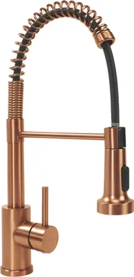 A copper kitchen faucet with a pull-down sprayer is shown against a white background.