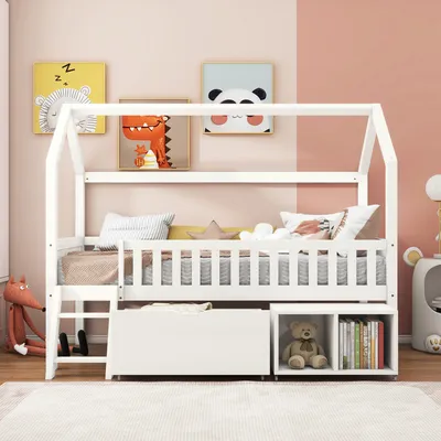 Produktbild von MODFU Hausbett Kinderbett Jugendbett 200x90 Mit Schubladen und Ablagefächern Geeignet für Jungen und Mädchen Mit Anti-Drop-Geländer, Weiß