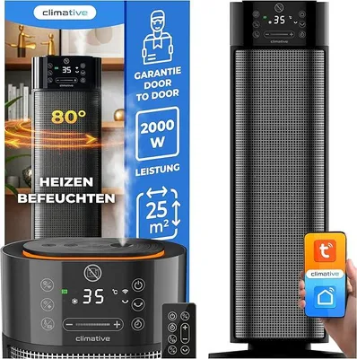 Image de Radiateur céramique avec humidificateur 2000W, Mistiq, WiFi, oscillation à 80°, mode ECO, minuterie 24h, chauffage électrique, économe en énergie, chauffage électrique, radiateur électrique d'intérieur, appareil de chauffage PTC