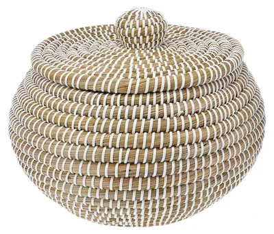 Produktbild von Aufbewahrungskorb - Ø 36 cm - Beige - Weiß - Seegras - mit Griff am Deckel