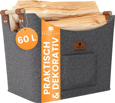Produktbild von BLACK OAK Montana XL 60L Holzkorb aus Filz grau + Handschuh
