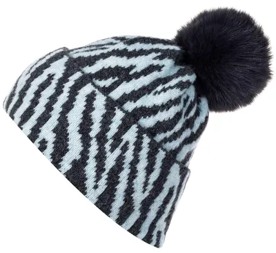 Produktbild von styleBREAKER Damen Bommelmütze Strick mit Zebra Muster | warme Strickmütze mit Kunstfell Pompon | elastische Winter Beanie Pudelmütze Viskose