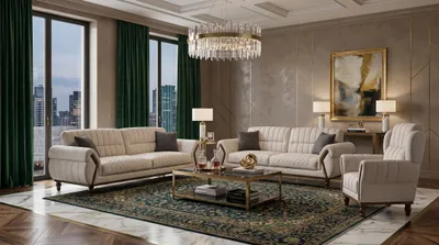 Image de Ensemble de canapés beige, comprenant 2 canapés 2 places, 2 canapés 1 place, design, revêtus en tissu, pour salon
