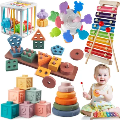 Produktbild von 6-in-1 Montessori Holzspielzeug ab 1 Jahr – Stapelturm, Formsortierer & Xylophon, ideales Lernspielzeug für Babys & Kleinkinder