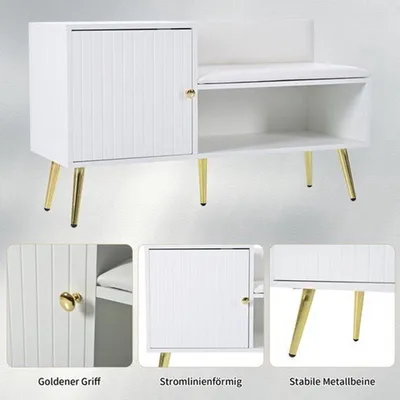 Produktbild von Schuhschrank weiß und goldfarben mit Stauraum und Kunstleder für den Eingangsbereich