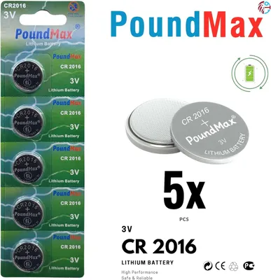Produktbild von 5x CR2016 PoundMax Lithium Knopfzellen 3v 5er-Blister 850mAh CR2016
