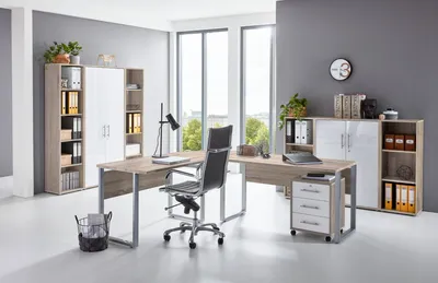 Produktbild von Büromöbel-Set TABOR PRO 5 in Eiche Sonoma / weiß Hochglanz, Arbeitszimmer Komplett-Set
