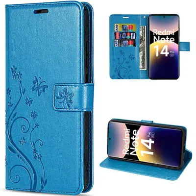 Image de Coque pour Xiaomi Redmi Note 14 Pro 5G, Protection Antichoc Anti-Rayures CuirPolyuréthaneBleu Motif Relief Floral