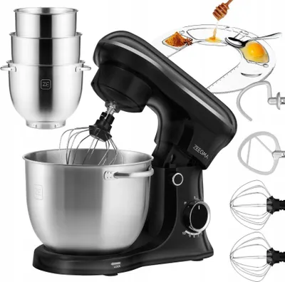 A black stand mixer with various attachments and bowls, displayed on a white background.