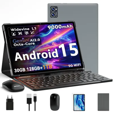 Produktbild von Android 15 Tablet 10 Zoll HD IPS System mit Gemini AI 30GB RAM+128GB ROM TF 2TB Widevine L1 Face ID 9000mAh Octa-Core 2GHz 5G WLAN BT5 Dual Kamera Grau