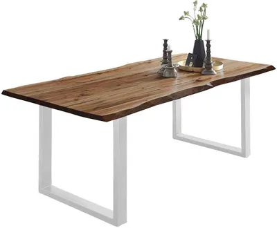 Produktbild von Esszimmertisch 200x100 cm Noah, echte Baumkante, Esstisch aus Akazienholz naturfarben & massiv, U-Gestell in Weiß, Baumkantentisch mit 26 mm Platte