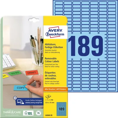 Produktbild von Avery Zweckform L6048-20 Farbige Etiketten, ablösbar, A4, 25,4 x 10 mm, 20 Bogen/3.780 Etiketten, blau