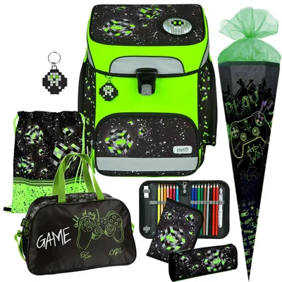 Produktbild von Scooli Schulranzen Jungen 1.Klasse EasyFit 7tlg. Set passend dazu Sporttasche Schultüte N, Space Robot - Pixel - Glow Edition