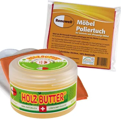 Produktbild von Renuwell Holz-Butter 250 ml - Möbel Poliertuch 4 Stück Spar-Set