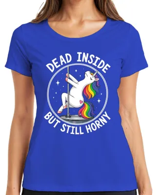 Productafbeelding van "Binnenin dood, maar toch wild: Een grappig en sarcastisch dames T-shirt met een eenhoorn die paaldans doet. Blauw, maat L."