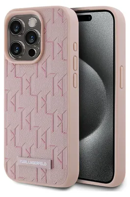 Produktbild von Karl Lagerfeld, Hülle für iPhone 15 Pro Max MagSafe mit Monogramm und Metall-Logo, Rosa