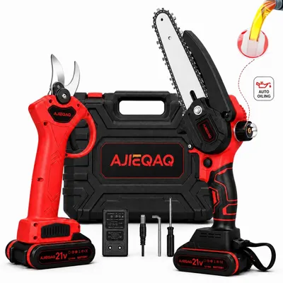 Produktbild von AJIEQAQ Akku Astschere Set 2-in-1, 21V Brushless Gartenschere mit Mini Akku Kettensäge 6 Zoll, 25mm SK5 Klinge, 2×1500mAh Akkus, Koffer
