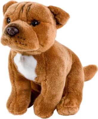 A plush toy dog sitting on a white background.