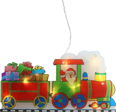 A festive Christmas train decoration with Santa Claus driving, carrying gifts.
