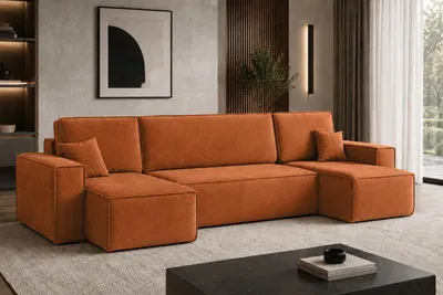 Productafbeelding van Kaiser Möbel: Hoekbank in U-vorm, met slaapfunctie en opbergruimte voor beddengoed, bekleed met veloursstof in de kleur blauwachtig bruin (Bluvel, Zimtfarbe), model BEST U