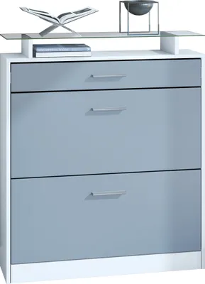 Produktbild von Vladon Schuhschrank Loret 89 x 104 x 23 cm Schuhkipper für 16 Paar Schuhe mit 1 Schublade, 1 Glasablage, Farben Weiß matt & Denim matt