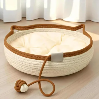 Obrázok produktu pre Kruhové peliešok pre mačky, umývateľný, vyrobený z bavlnenej šnúry, s vankúšikom, rozmer 45x45x13 cm, farba: káva/biela